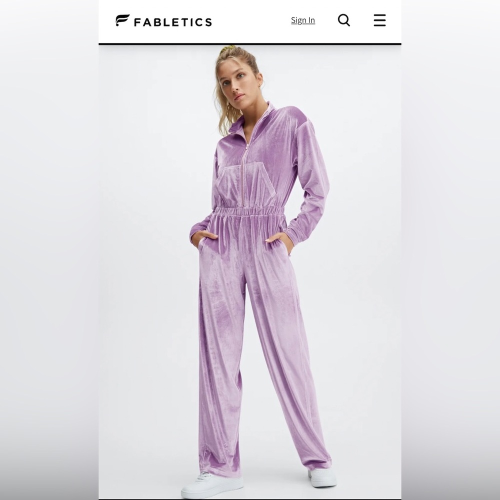 NWT! Fabletics Velour Zip-Up Wide Leg Onesie